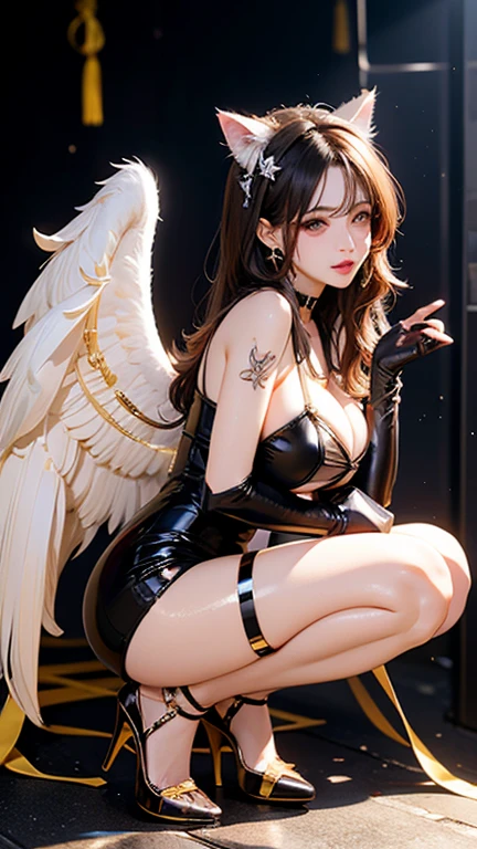 (masterpiece, best quality:1.2),((photoreal:1.1)),perfect ,solo,((1 middle age woman)),((1 Girl)),perfect eyes, ((looking at viewer:1.4)),((horizontal angle)),((view from front:1.4)),(straight-on),shoot from front,lighting from front,((Piutuary small breasts:1.4)),((slender:1.1),((do not hide your crotch)),(cod lips),((seating on tall stool:1.3)),(spreading :1.3),(hands on hip bone:1.4),(holding your head high),extremely delicate and beautiful,((Angel:1.2)), , high heel