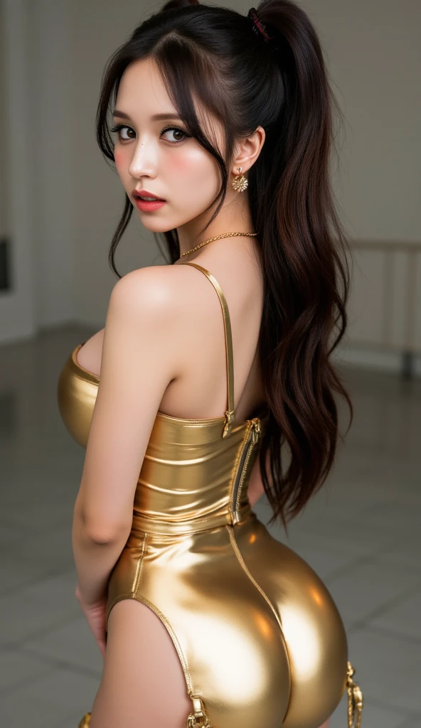 from behind,backwards,stretch,1 girl,(highly detailed skin),winding,,beautiful胸,big breasts,white skin,pointed chest,erect nipples,(fantasy art,best image quality,surrealist portrait,(8k),Super realistic,最high quality, high quality, High resolution, high quality texture,high detail,beautiful,Detailed,Very detailed CG,detailed texture,realistic expression of face,masterpiece,sense of presence,dynamic,bold),bob hair,(thin hair),(soft hair),(straight hair:1.5),long flowing bangs,extra light coppery amber hair,hair above one eye,knit dress