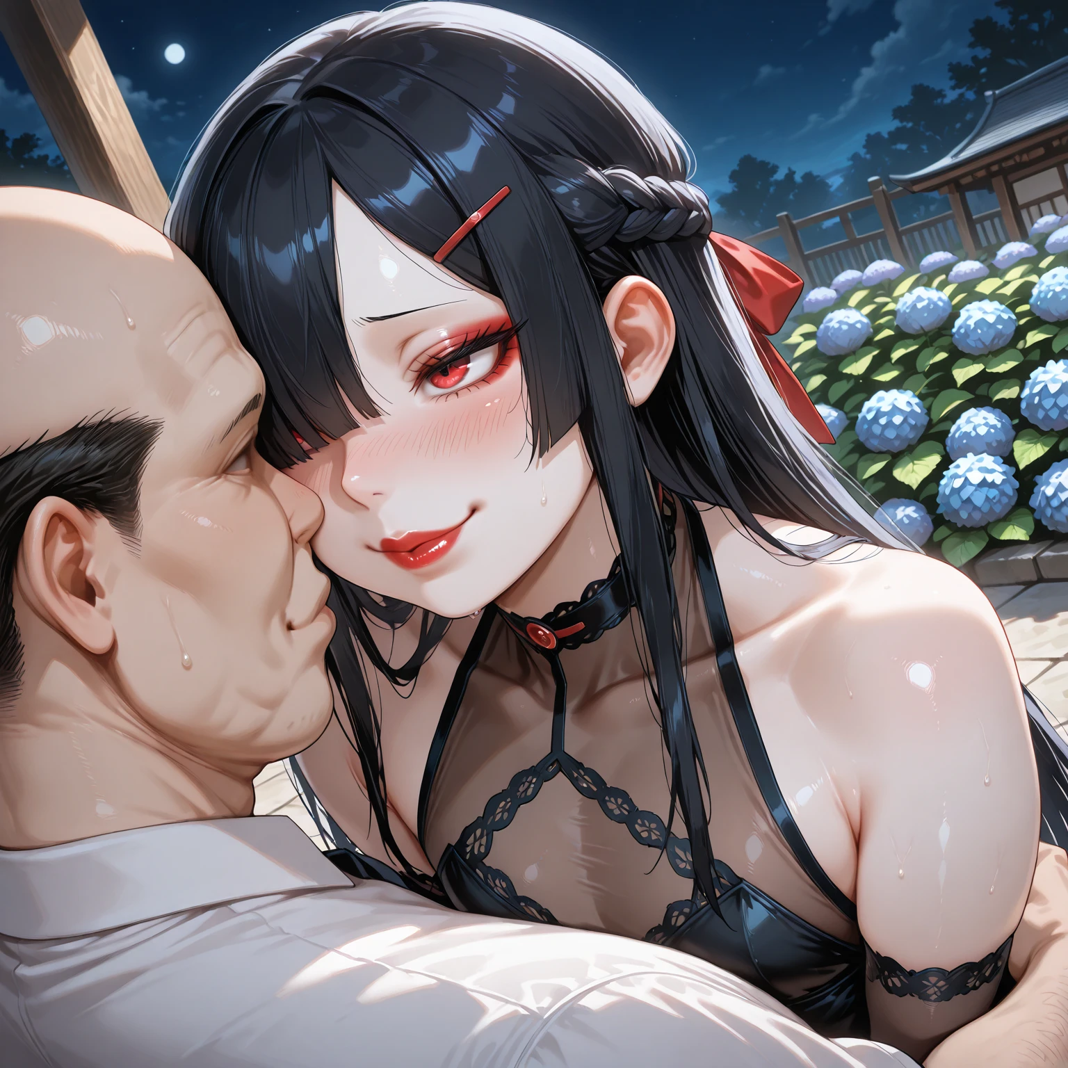 {perfect },((beautiful face:1.1)),((1girl, 1black man, kiss, old, :1.6)),
(masterpiece, highest quality:1.3), (Very detailed), {shape, Studio Light, Picturesque}, [Best Shadow],
break
(KonishiCSA)_(ShizumaCSA),
break
(Perfect ), (Symmetrical eyes, Beautiful Eyes), (Sharp eyeliner, Beautiful Face), (blue eyes eyes),
break
nice hands, Perfect hands, Guido Daniele,
break
1girl, alone,
break　
katsuragiKC, ((black long hair:1.5)), skirt, thighhighs, gloves, ribbon, hair ribbon, ponytail, elbow gloves, armor, zettai ryouiki, white ribbon, asymmetrical gloves, uneven gloves, Demo set up
break
(, blush, Sweat, Open mouth, Rolling eyes, Tears, Tongue out,)(Parted lips),(Feeling weak),(I close my eyes and feel weak),