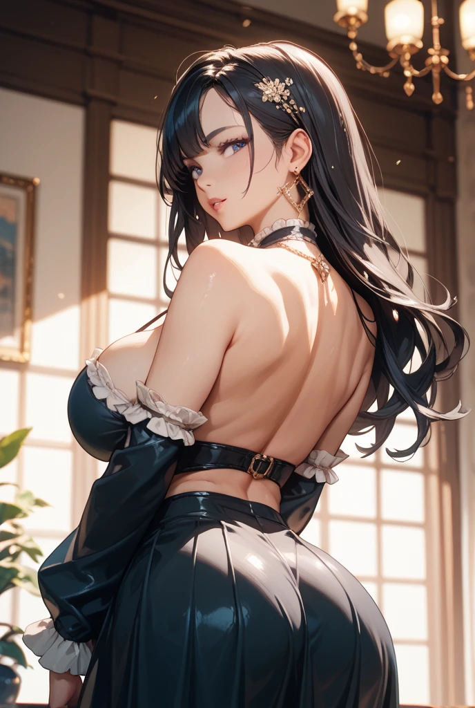 high resolusion, ultrasharp, 8k, obra maestra, Mona de Genshin Impact,  tetas medianasy sexys, perfil, apoyada en la mesa, llorando, triste, de perfil, ??????, backview, perfect ???, mona_tpa