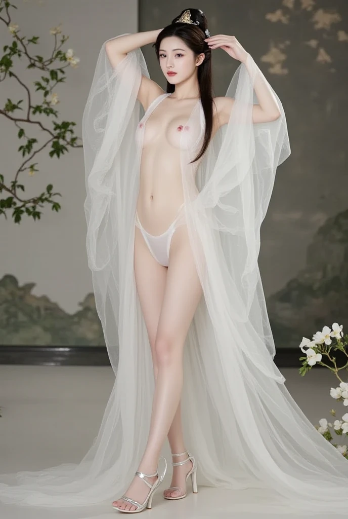 full body  photo, realistic,beautiful  princess,25 years old , small eyes, white-pink aura skin, nake , entire  body nake ,slender body , medium  , black hair color with red hilight,wearing diamond necklace,   posture, long brown curly hair,pink body, full body glitter, , posture, realistic ,