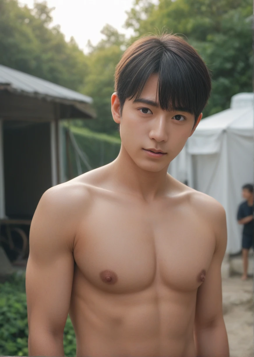 A handsome young Chinese man stands by the Jiande River at dusk, with a gentle mist rising from the water. He has a thoughtful expression, his gaze directed towards the horizon. His hair is straight with natural bangs, and his face is clean-shaven, giving him a youthful and fresh appearance reminiscent of popular social media influencers.

The composition is designed from a "boyfriend perspective," with the young man in a sensual pose, focusing on his chest and face, and using a POV from below to create a dynamic and immersive effect. This perspective enhances the intimate and engaging quality of the artwork.
A soft illustration bathed in twilight hues of cool blues and purples, creating an ethereal dreamland. The artwork, in the style of Guweiz, The romanticism art style emphasizes the tranquil beauty of this fantasy realm, inviting viewers into a world of wonder and mystique, all highlighted by a glowing, soft aesthetic,
((depth of field)),((open and vast place)),telephoto lens,(((close-up))),(chest focus),(((perspective from below))),(simple background),(simple color),((blurry)),(horizon),
 1boy,cool guy,peaceful,((floating short hair)),((((bangs)))),(((soft clean hair))),(((silky skin))) ,((smooth skin)) ,clean body,(clean face),((smooth face)),(natural pretty face),((adam's apple)),((looking at you)),((solo)),(teenage),(wind),(chin up),(hopeful),
((skin tight )),(mini white shirt),see-through,
(narrow waist),slender waist,muscular,(broad shoulders),((huge wide chest)),(((huge plump chest)))