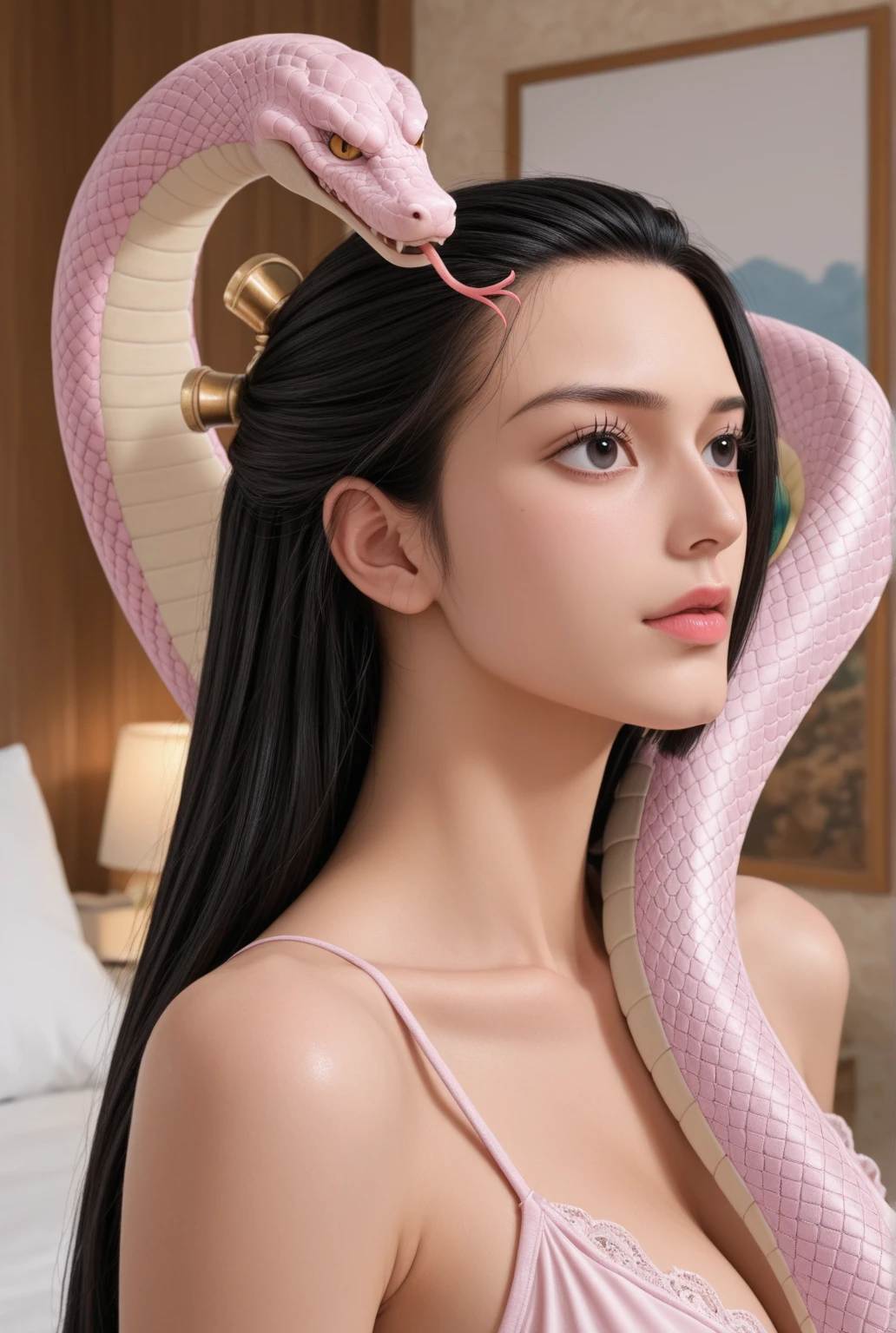 (((masterpiece+best quality+high resolution+ultra-detailed))), boa hancock, long silky black hair, high nose, sharp eyes, noble and inviolable temperament, (([female]: 1.2 + [beauty]: 1.2 + black long hair: 1.2)), snake_skull background, bright eyes, dynamic angle and posture.