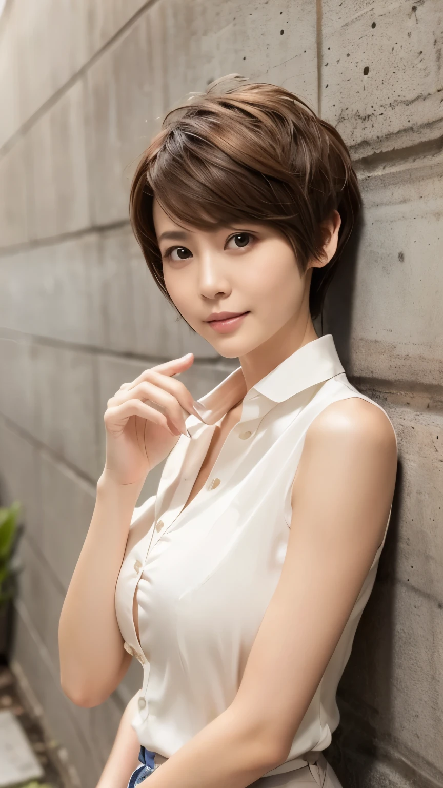 ((top-quality、8K、​masterpiece: 1.erfect Body Beauty: 1.4、Slender Abs: 1.2、Beautiful woman with slender abs:1.3、(Highlight Haircutreast B Cup:1.2), medium breast, round shape breast, perfect shape breast, ((  (()) reveal pandex underwired  underneath,  and black pencil skirt )), necklace, hyperdetailed face、18year old、 Pretty women、(Dark brown short-cut hair), Slim Face、Highly detailed  and skin texture、very detailed lips、opens legs、top-quality、​masterpiece、超A high resolution、(Photorealsitic:1.4), walked forward confidently, long shot , in the park, blur background