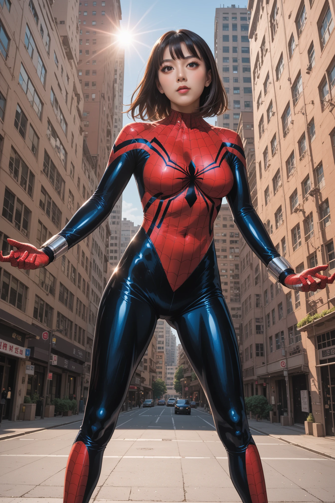 Milla Jovovich、マーベルコミックの映画Poster、so beautiful、Movies about Spider-Man、sexy、whole body、Wearing a skirt、Premiere Date、Poster、belly buttonを突き出す、new york、She's wearing a ripped Spiderman suit、The suit is torn、Wearing a skirt、Red and black color scheme、dynamic、masterpiece、highest quality、Super detailed、Very detailed、Delicate and beautiful shine、Ultra-high resolution、Cinematic、break、breakドロップ、(Torn clothes:1.5)、(Wet clothes:1.4)、 shoulders、Real Rain、Wet Hair、belly button、 Skin、sexyな肩を披露