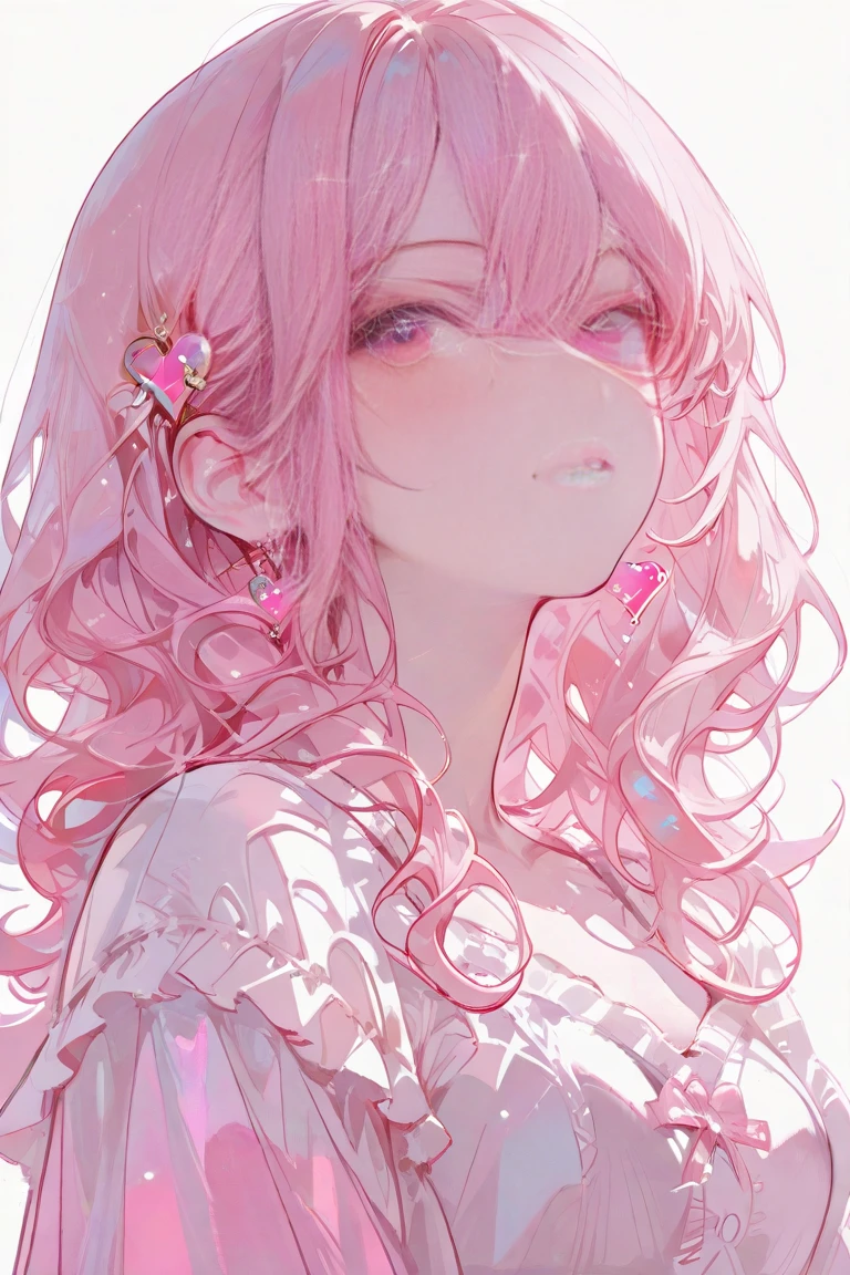 One girl, alone, View your viewers, Pink Hair, Earrings, jewelry, Pink Eyes, Part your lips, Pink Nails, bangs, Upper Body, Manicure,  shoulders, High Style, Beautiful Eyes