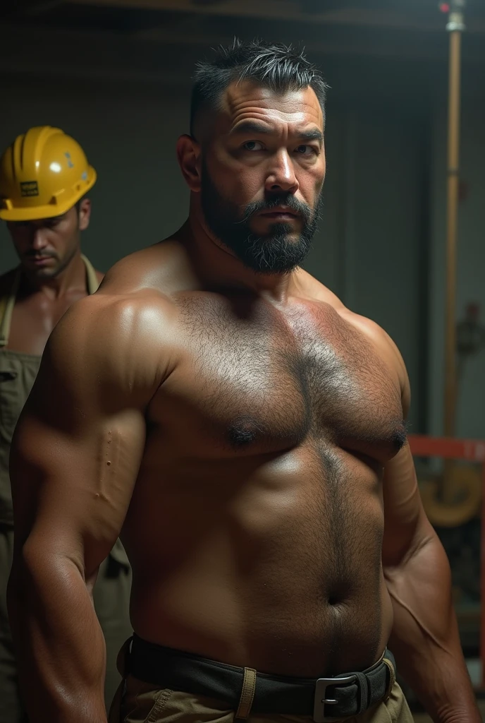 Latino chav, 20 years old, short hair, men, hairy, hairyalpha, BeardAlpha, wearing a superhero costume, cape, tight superhero uniform, gold details, armor,oversized pectorals, heavy pectorals, oversized bulge, intimidating, smirking,  rings, angry, threatening, bara, prison background