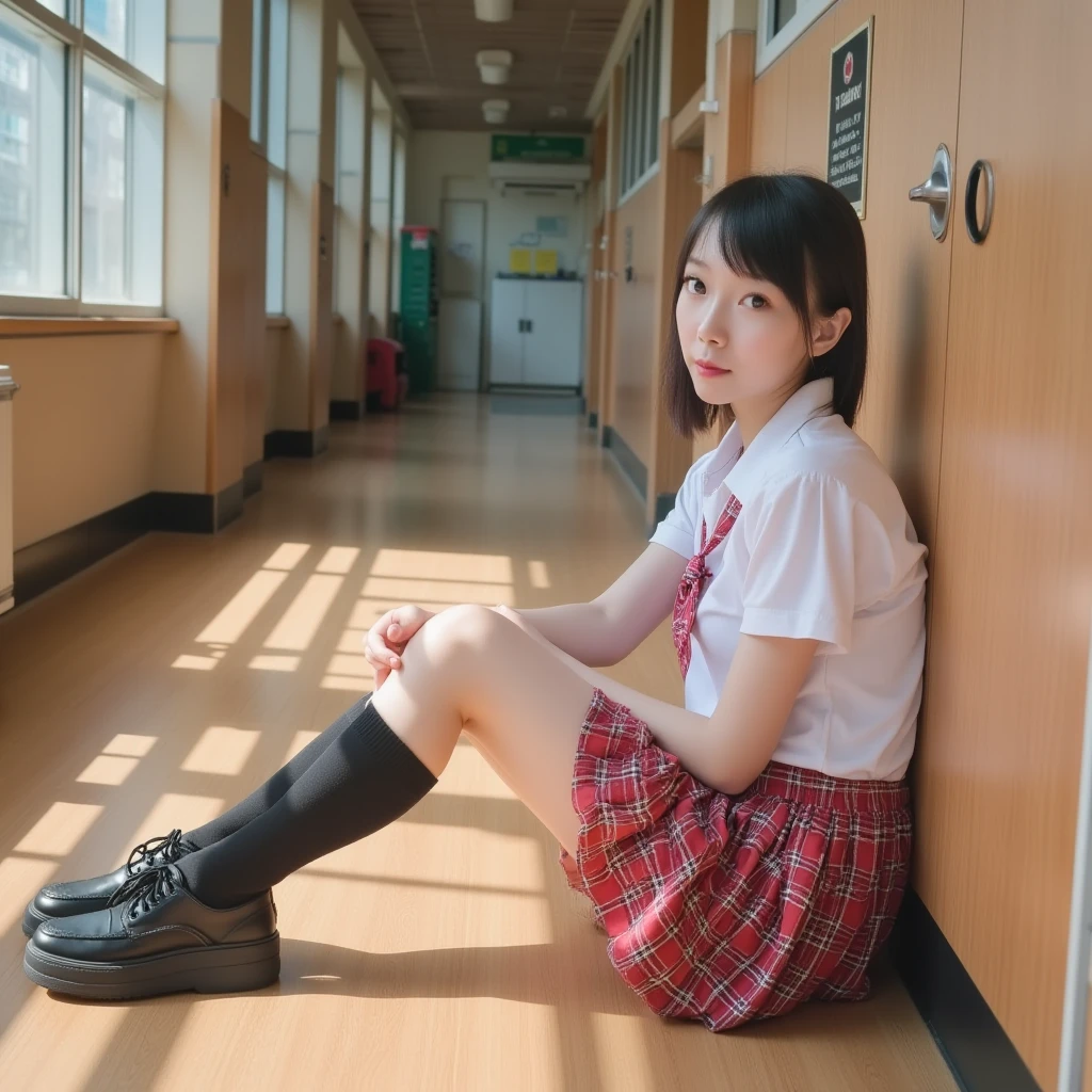 Move your center of gravity back, put your hands forward from both feet, put both feet in the circle of your hands, pretty embarrassing, no panties, thin legs, tight skirts, knees at 90 degrees, heels on the ground on, hands in front of my feet, hugging my legs, kneeling down, sidewalk, RAW photos, 8K, highest quality, ultra-high resolution, beautiful faces detailed, real human skin, gentle expressions, Front view, angle from below, long hair, realistic, photorealistic, cute, short skirt, squatting deep in the city, cute school girl, Japanese schoolgirl uniform, wearing Japanese school uniform, surreal high school girl, whole body,