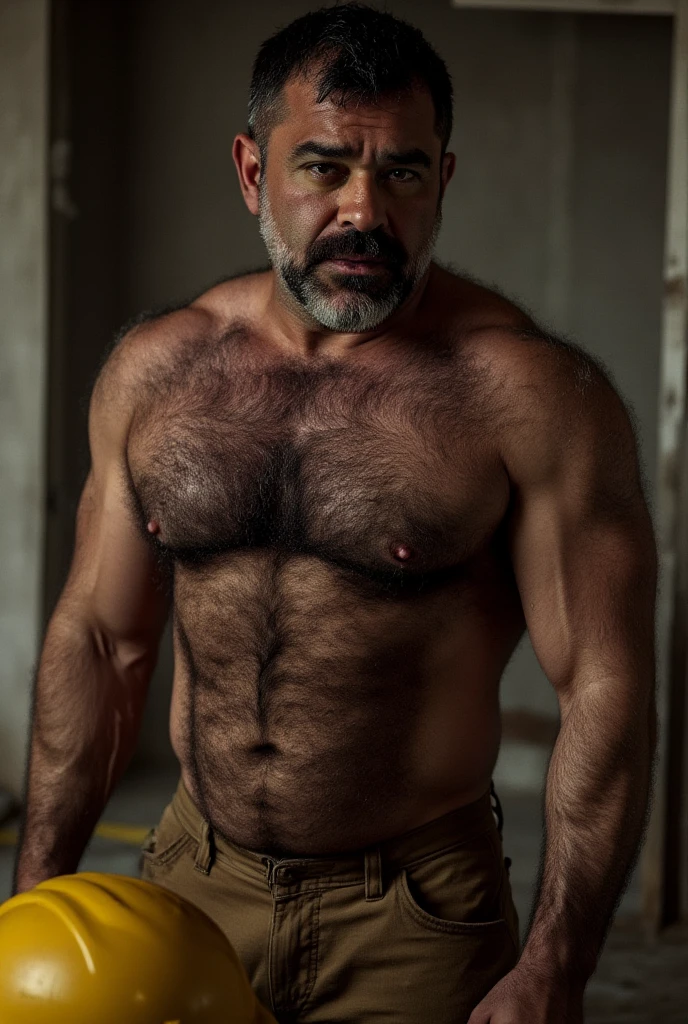 (masterpiece, intricately detailed, highest resolution, best quality:1.2),a cocky Arab male model,a 80 y.o muscle dad with a muscular physique sitting on a chair with black eyes,dark-skinned male, huge beard, mutton- chops, wearing chest , bracelets, necklace, jewelry,  ,saggy ,hairy chest,vascular,muscle striations,soft light,fantastic realism,