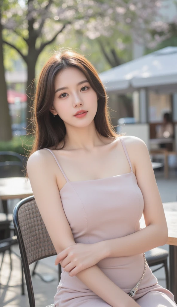 Draw lips correctly, lipstick, De la poitrine vers le haut, best quality, super detailed, Realistic, Peau ultra fine, anatomie parfaite, (1 Japanese mature woman), (seul)，Porter une robe col rond haut de gamme vert fleuri，manches courtes，Long wavy hair，femme de 27 anature，sourire charmant，fond de jardin，rester，visage rond， hair tied in ponytail，Le corps est un peu gros，buste moyen，tir de tout le corps