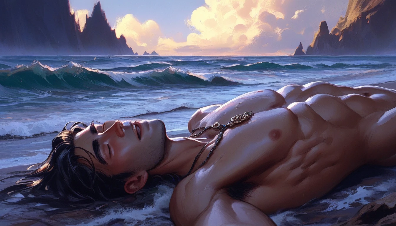 (1boy, photorealistic:1.4, ultra realistic, masterpiece:1.2, best quality, 4k, 8k), Design a photorealistic image embodying the nurturing and emotional depth of the zodiac sign Cancer. Picture a captivating male model on a serene moonlit beach, with gentle waves lapping at his feet and the soft glow of the moon illuminating his face. Surround him with elements of the ocean, such as seashells and starfish, to evoke the sign’s connection to water. The male model is completely ????, ?????, Ensure that the scene's lighting captures the tranquility and emotional resonance of a Cancer, creating a soothing and enchanting atmosphere that draws viewers into the heartfelt essence of the zodiac sign, (detailed face, delicate skin, ultra realistic skin, shot on Nikon d850 50mm, dlsr, RAW)