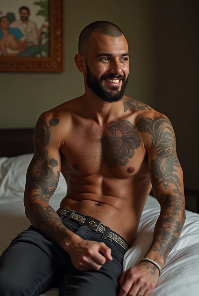 full body view, large shot,full body shot, large shot,antonio, massive muscle body,girthly legs arms and chest,massive muscle legs, big masisve arms, big chest, hunk, handsome, hispanic, hairy body, huge ,  , big long , girth , big legs, big biceps and chest, bearded, fashion hair, light smile face, sweating, at the beach, huge  around him, under the sun,hair style like yannis philippakis, , 8k, high resolution, male, masculine, testosterone, big , hairy belly,  all over his chest and abs, high detailed face, masterpiece, cannon photo,pale skin, hispanic, tattoo body,under sun,covered in ,body covered in ,  all over him self,large massive , girthly , his  point up and his  is flowing over all his , tiger tattoo on chest and body, tattoo on , wearing an unzipped black jean and his  is out whit a huge , wearing an open jean jacket, body covered in tattoos, tattoos on arms, tattoos on chest, tattoos on legs, splash , chain on neck and arms whit a lock,chains accesories,