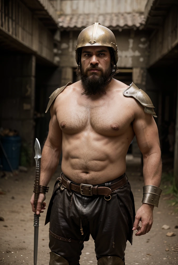 ((best quality)), ((masterpiece)), (detailed), perfect face Ben Affleck as a Barbarian wearing a metal helemt and armor standing in front of a simple background and has a gold crown and has long beard 

