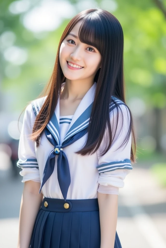 Image resolution 8K、masterpiece:1.3)、Beauty、1 female、(魅力的なbody:1.2)、abdomen:1.1、Dark Brown Hair:1.1、(body:1.2)、Ultra-detailed face、Attractive lips、double eyelid、Super realistic and detailed super cute in a white short sleeved zippered sailor suit and pink skirt、Japanese 、Japanese women、10th generation(17 years old)、Smiling with a nice smile、Hair fluttering in the wind、
