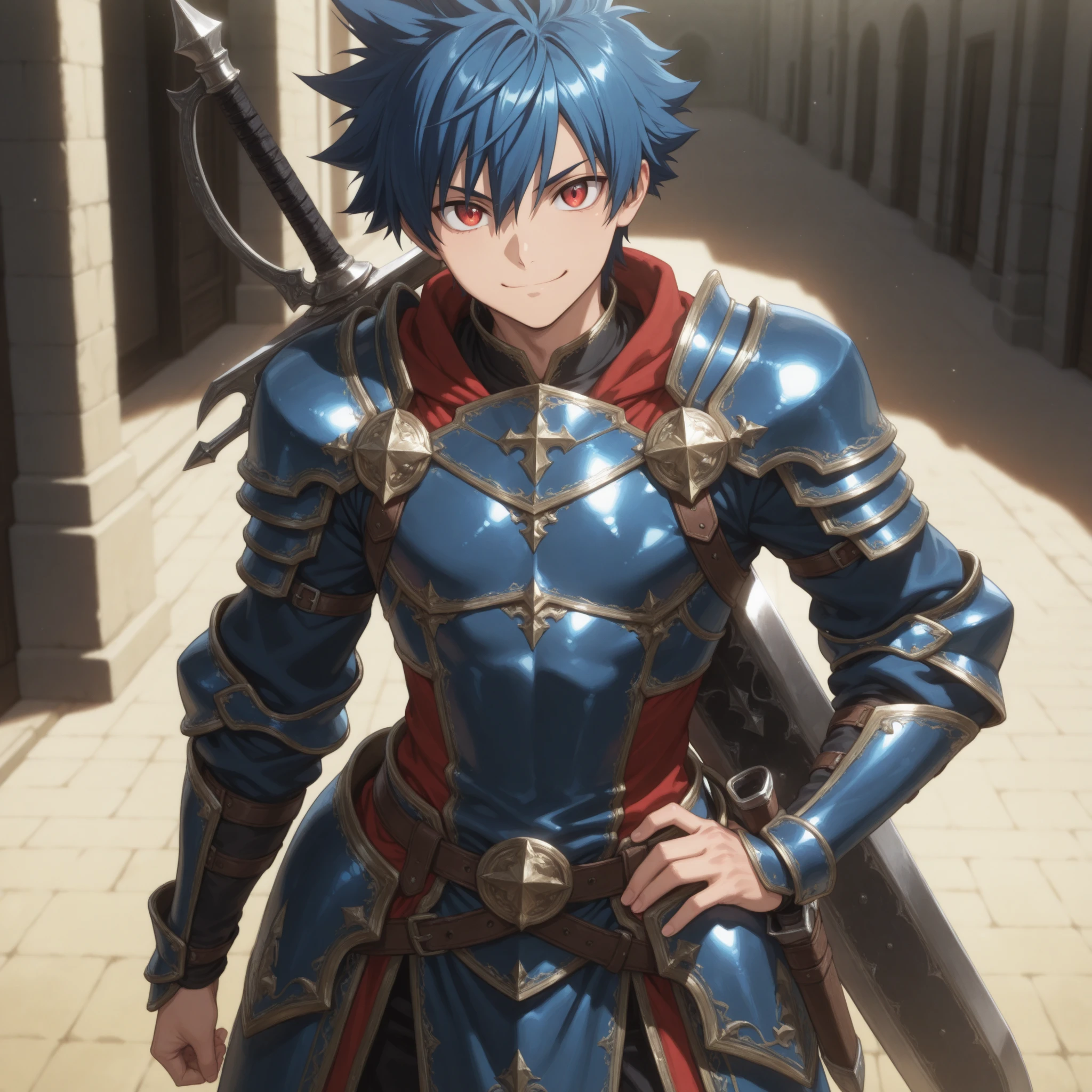 Muscle man, short blue hair, classic medieval knight helmet, silver armor,  chest, with scars on the skin, BROWN SKIN 