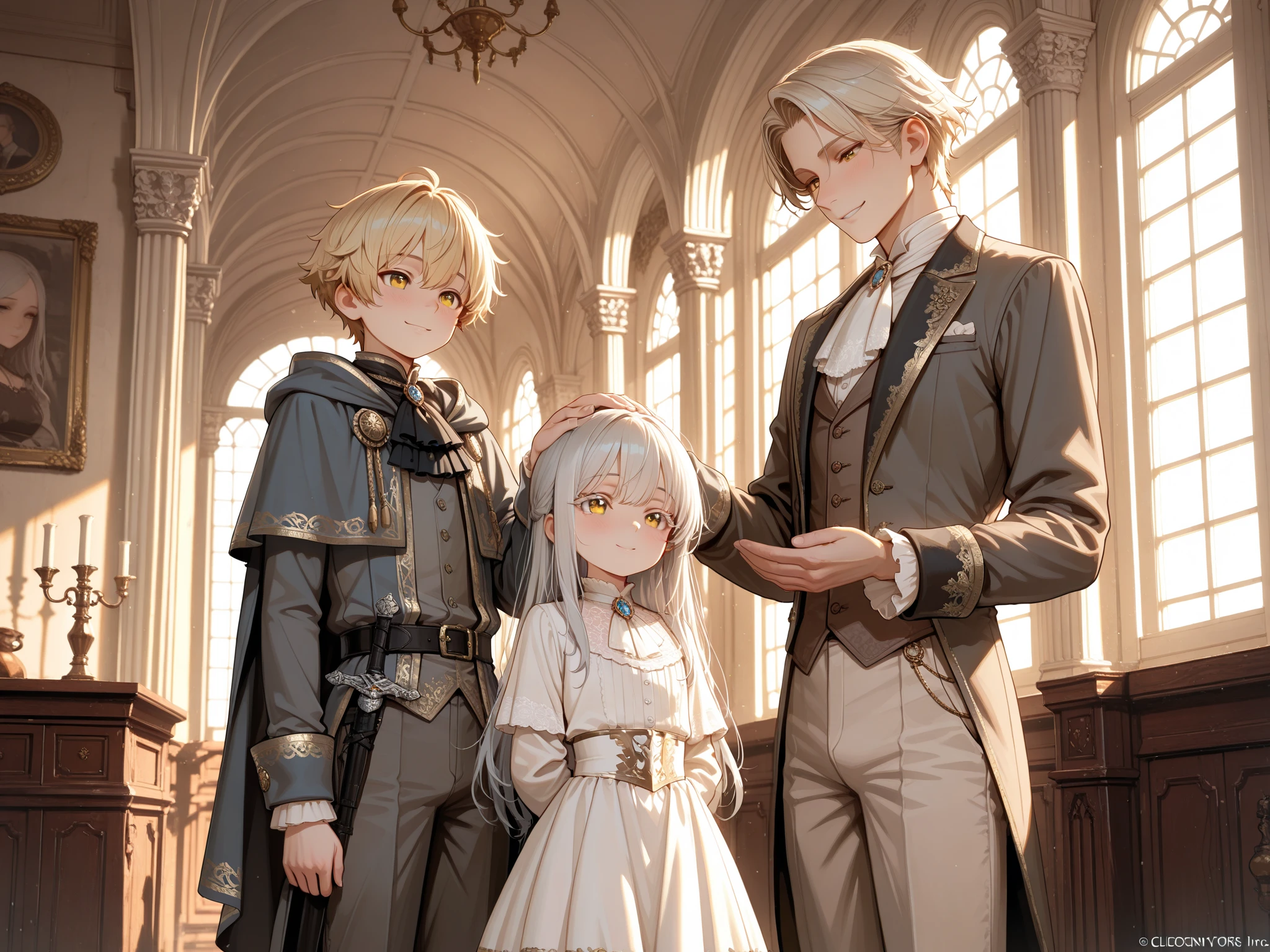 ((best quality)), ((masterpiece)), (detailed), perfect face of Family with 2 kids 1 girl 1 boy  , dad blonde hair and mom black hair