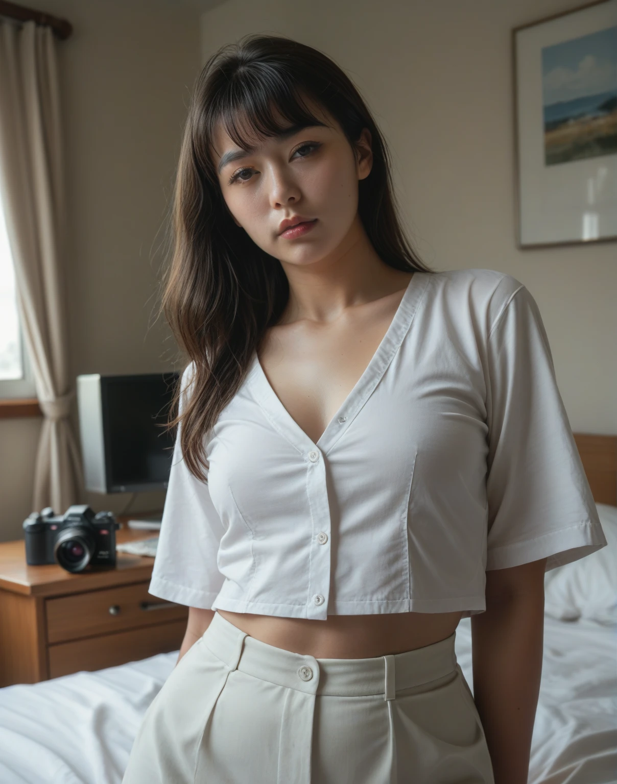 ((top-quality、​masterpiece、photographrealistic:1.4、in 8K))、Beautuful Women１a person、25years old、beautiful hairl、delicate and beautiful face、Eyes and faces with detailed 、(Modern workplace with computer:1.2)、(Shirt:1.2)、(standing:1.2)、A smile、Beautiful lighting、Textured skin、Super Detail、high detailing、High quality、hight resolution、（looking at the viewers）、Detailed mouth、Opening Mouth、full body Esbian、tight skirts、Women at work、Fishnet Stockings、Coffee、window、Women who can work、high-heels,  short hair