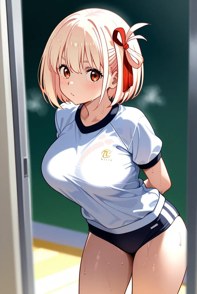 masterpiece, best quality, 1girl, nishikigi chisato, lycoris recoil, solo, buruma, gym uniform, gym shirts, white t-shirts, , big , looking at viewer, blush,