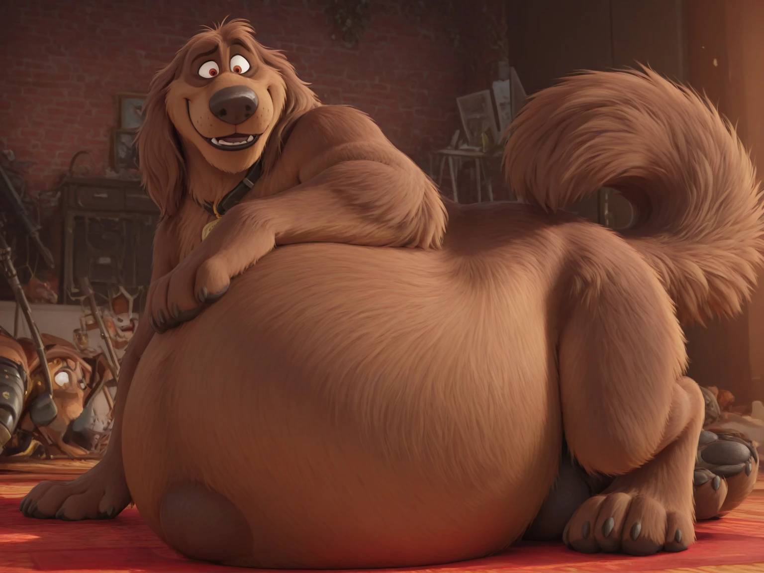 (by halbean), (by Taran Fiddler), solo, feral, canine, domestic dog, Bernese mountain dog, Australian shepherd, long fur, shiny fur, smooth body, long snout, big floppy ears, cute eyes, curvy, feminine, huge ????, bubble ????, anatomically correct, female, pink dog collar, living room, standing, overexposed lighting, warm sunlight, inviting, absurd res, ???????, panting, ???????, big eyes, cute eyes, hyper canine ?????, plump ?????, ????, looking back at viewer, leaking ???, happy, excited