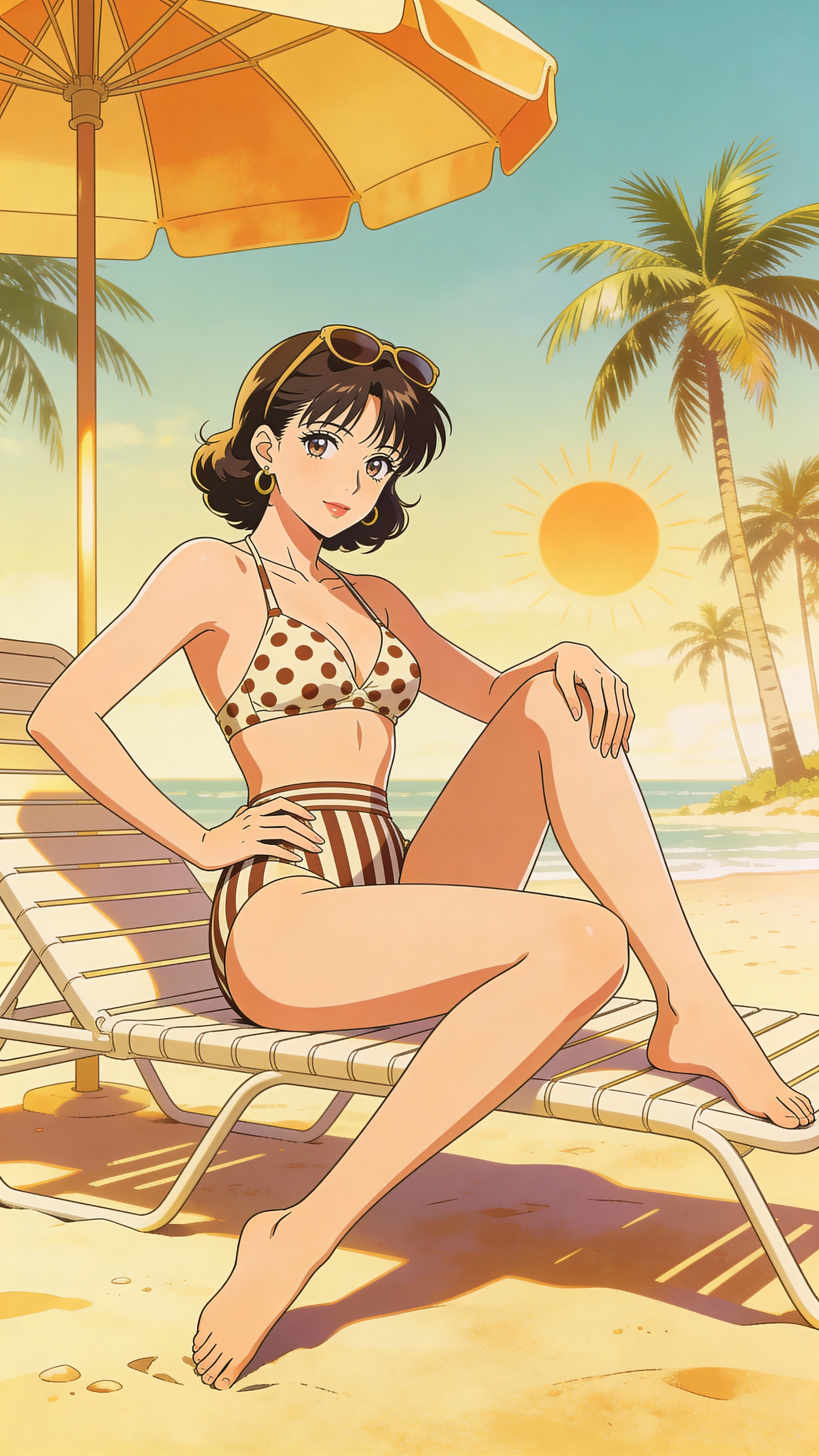 (((asakura minami:1.3))),((masterpiece)),((highest quality)),POV,super detailed,(thin entire outline),enlightenment,,((1girl:1.3)),dutch angle,black hair,medium hair on shoulders,black eyes,small nose,perfect body,beautiful body,beautiful character design,perfect eyes,perfect face,(happy,smile,red cheeks,having fun:1.2),small open mouth,perspiration,wallpaper,ultra high resolution,8k,photo shoot,(beautiful large breast:1.2),beautiful legs,perfect feet,beautiful skin,fair skin,smooth skin,official style,official art,make a screen cap,outdoor,(summer beach),sunshine,bright lighting,white bikini,(((,protruding ,:1.3))),((wide ,peace sign:1.2)),(relaxing on beach chair:1.3),((((male's hand is touching her legs:1.3)))),