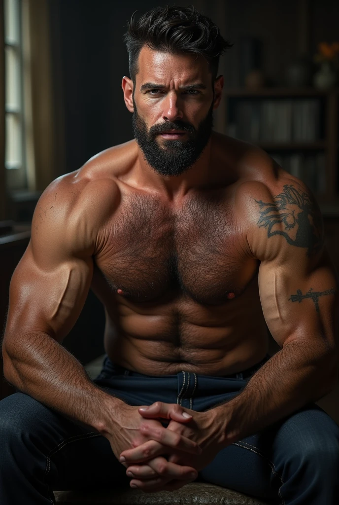 (8K, HDR, best quality, highres, most absurd:1.2), specular lighting, Photonenmapping, Radiosity, 基于物理的渲染, (establishing shot, [Confident smile), hot dad, heavily hairy upper body, broad muscles, large ????? and abdominal muscles. Modern brown haircut, full beard, in the modern bedroom, shirtless, wearing a strip ?????. The man is in his 40s.