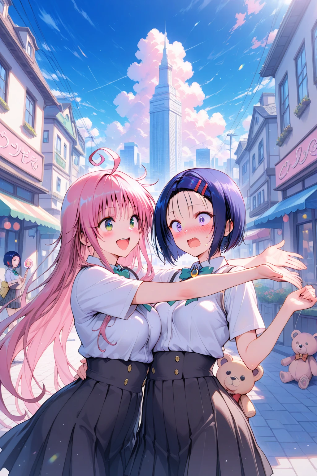 Regular pantyhose、Ultra-detailed、masterpiece、Highest quality、Ultra-high resolution、In 8K、high resolution、Detailed eyes、Gradation、Perfect anatomical figure ,hard disk、Hmph , Nikon Z9 80mm Lens 、Tabletop、Cinema Lighting, Physically Based Rendering, Award-winning, Highly detailed skin, Highly detailed face, Beautiful eyes in every detail、White Lace  、Fancy 、Detailed  Pattern、 Focus、(((Pink cotton tight ))), Light orange tank top、10-year-old female, (Beautiful light brown hair, High Ponytail、Looking into the camera、Daytime street、(((Beautifully aligned and white teeth)))、Sparkling eyes、Sparkling eyes、Lips shining with lip gloss、Too bright natural light、Bright sun、