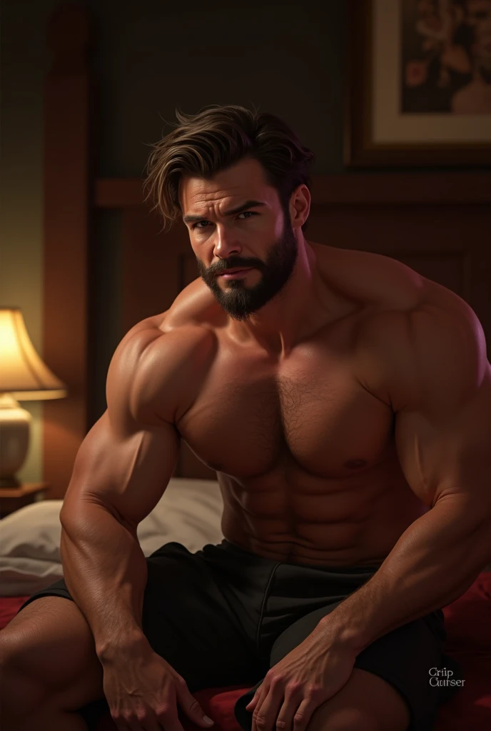 man with beard, Henry Cavill with shaved head, wearing , cross arm, broadshouldered, brawny, relaxed on the sofa, serious countenance, photo realist