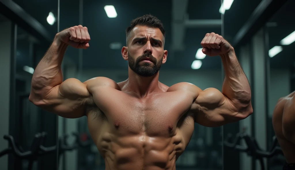 Jovem alto, forte, musculoso, pernas grossas, high definition hands, biceps e peitoral grande, barriga de tanquinho, ruivo, de sorriso branco e dentes perfeitos, ollhos azuis, cabelo curto, is standing in the gym, sem camisa e usando um cueca branca.