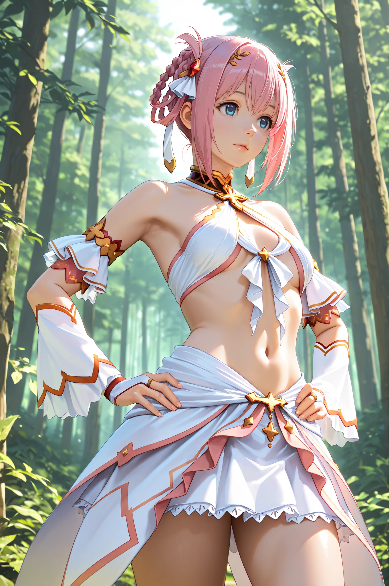 ((Masterpiece))), (((Best Quality)))), (((Very Detailed))), Da Illustration, 1 Girl, Solo, Watch Viewer, Detailed Fingers, Illustration, Pink Hair, Gentle Expression, Leaning Eyes, Shoulder Out, Navel Out, White Costume, Ritual Outfit Yui, Dynamic Pose