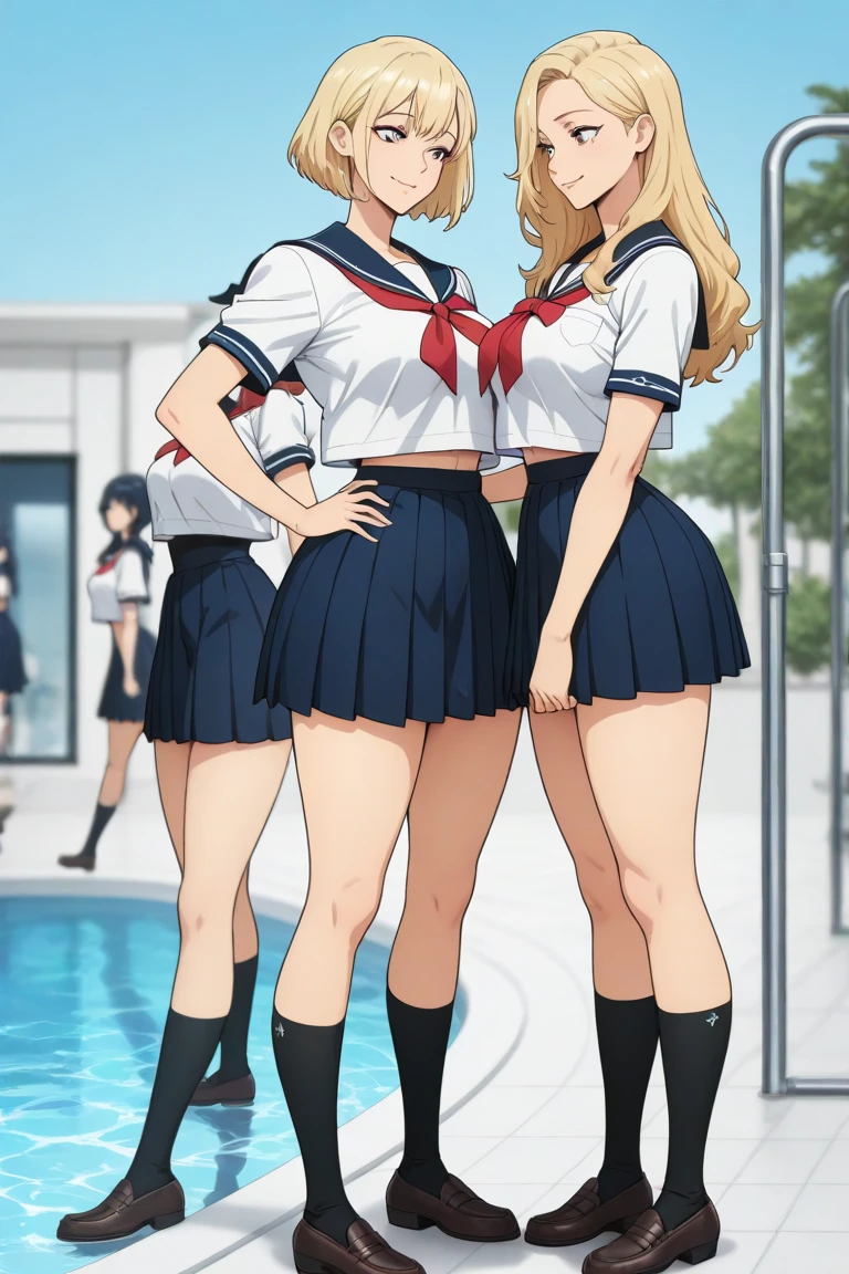 Highest quality, masterpiece, Ultra-high resolution, One girl,

Smooth blonde hair with dark roots Two-tone hair Blonde bob cut Slanted eyes Red eyes Crimson eyes Sparkling eyes drawn in detail Tanned skin Brown skin Chocolate skin Traditional sailor suit Dark green sailor suit White socks Loafers Low angle Composition looking down Sultry and ???? Perfect proportions Bright night sky A shooting star Standing with confidence Standing with arms crossed