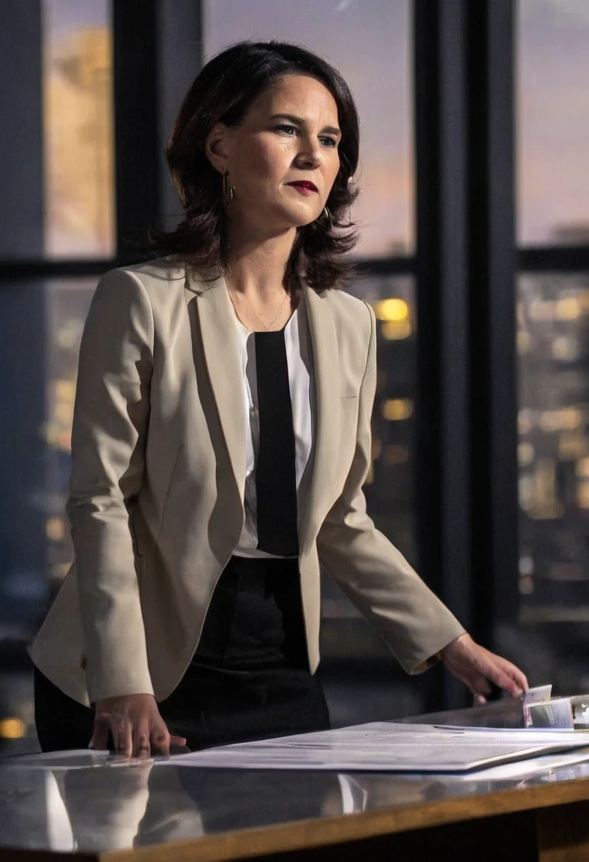 OL、Beautiful girl、Outstanding style、nice body、glamorous、Big Breasts、navy blue business suit、Skirt、Garter belt and black 30 denier stockings、High heels、office、standing、The whole body is visible, (mature woman), 45 years old, (black short hair), black laced stocking, 