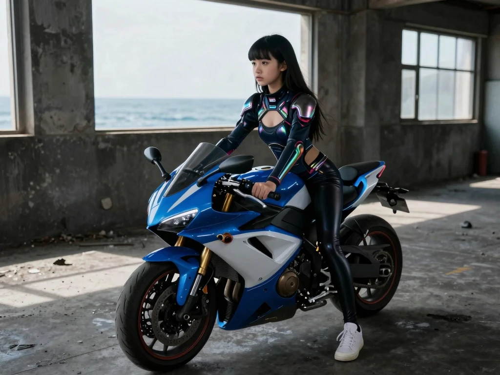 ((best quality)), ((masterpiece)), ((perfect face))、（(detailed motorcycle)）、Detailed and clear photos、((stand next to a motorcycle))、slender body、long legs、full body shot、smile、(((Purple long sleeve riding suit and leather pants)))、((Fluffy short hair))