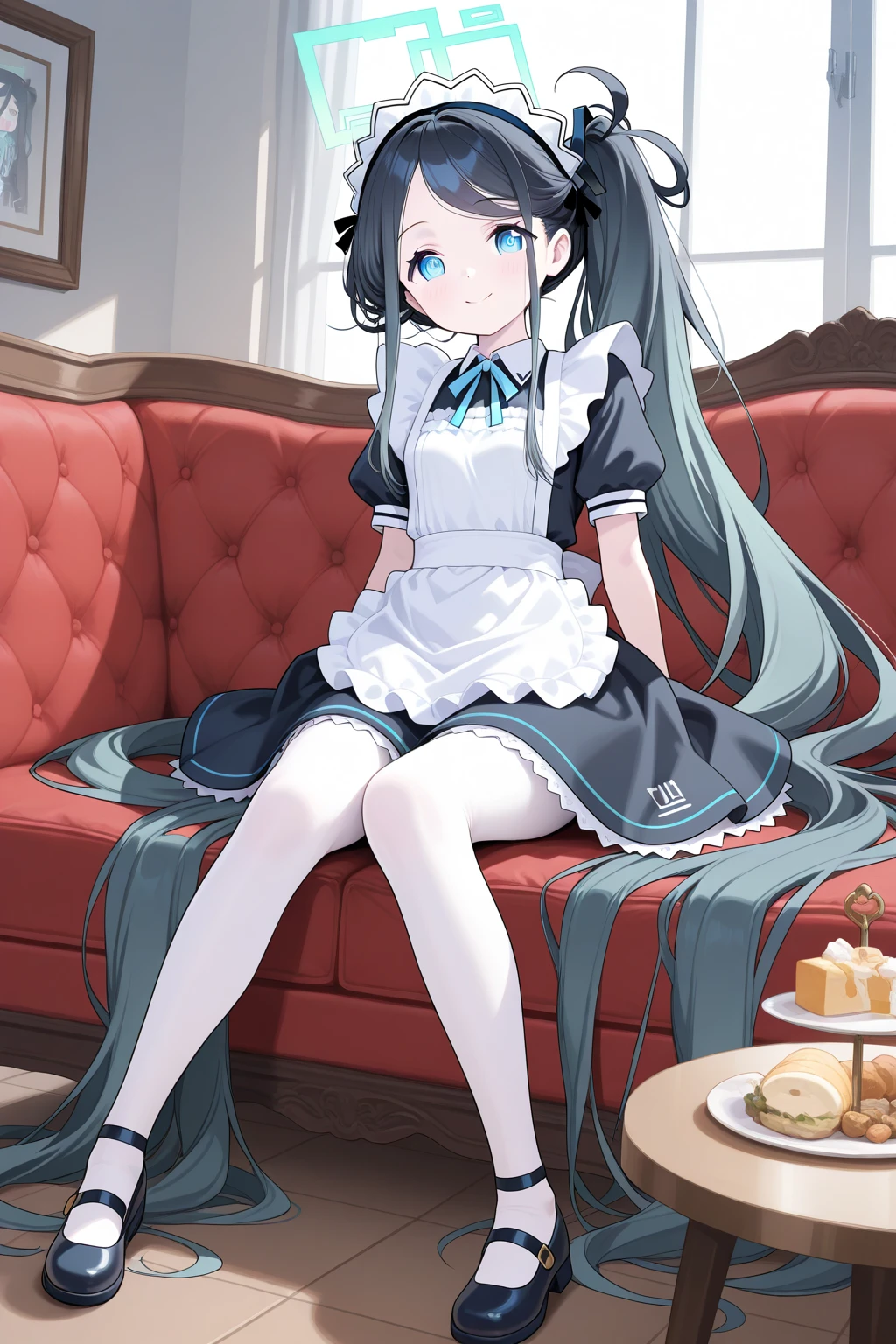 Cabello largo plateado, ojos verdes, petite, maid, sonrisa, happy, muslos hermosos, inside house, table with coffee cups, paredes blancas