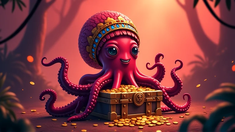 pink and purple tentacles extend from inside a treasure chest filled with gold and silver treasures.