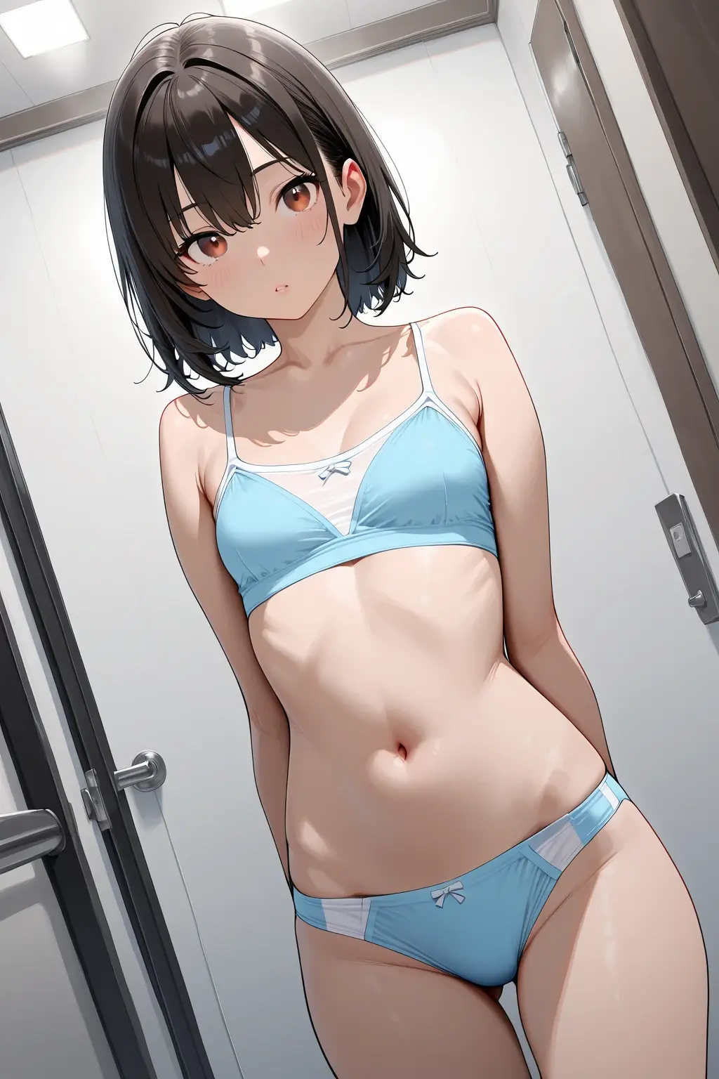 Yukimi, 10., Blunt bangs,Shortcuts,Black Hair,,Flat ?????, Expressionless, shy, whole body, Highest quality, School classroom、Angle from below、stand、Cute Bra,(Small panties:1.4)、Embarrassing,Put your hands behind your back
