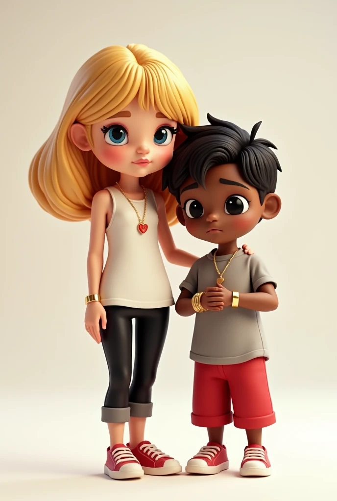 Create a realistic image of a 2 young woman, with light white skin, blonde hair long, slim, curvy body wearing a white top and short denim shorts being carried on the shoulders of a 1 young woman, very thin, black and dark skinned, with short hair, wearing prescription glasses, wearing a white shirt and a black skirt 