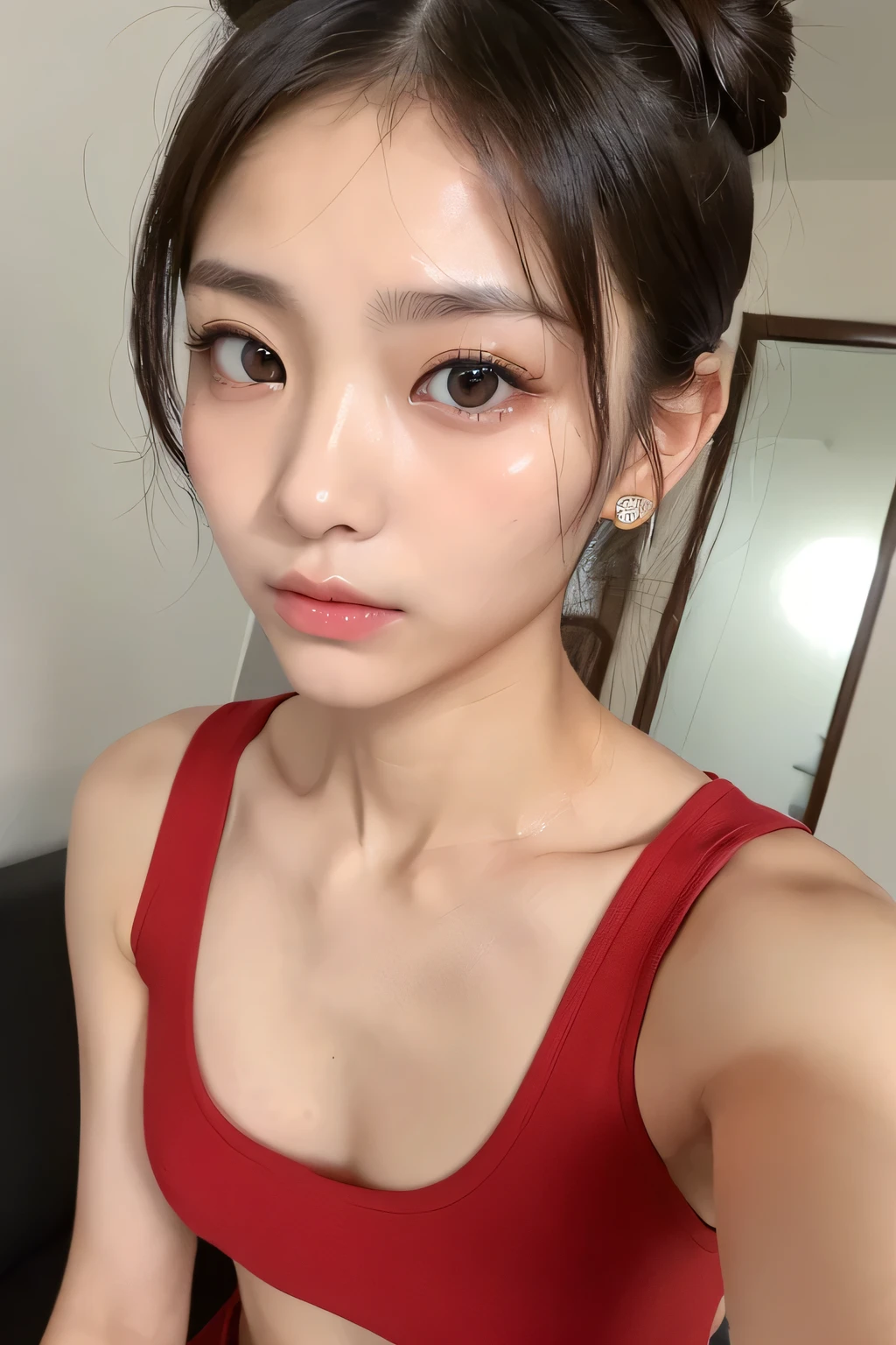 one person、16 years old、whole body、slender、woman、White drool coming out of the mouth、short hair、Blonde、  Fair skin, messy hair, super cute、Soft and Face、8k resolution、Surreal、Ultra high definition、 A-cup small breasts（（Highest resolution、8k、masterpiece：1.3））、Ultra-fine face、Ultra Fine Lips、Beautiful Eyes、double eyelid,Light blue wall、Red bandeau dress:1.1、Thighs、thin,Thighs are visible、Shapely small breasts、