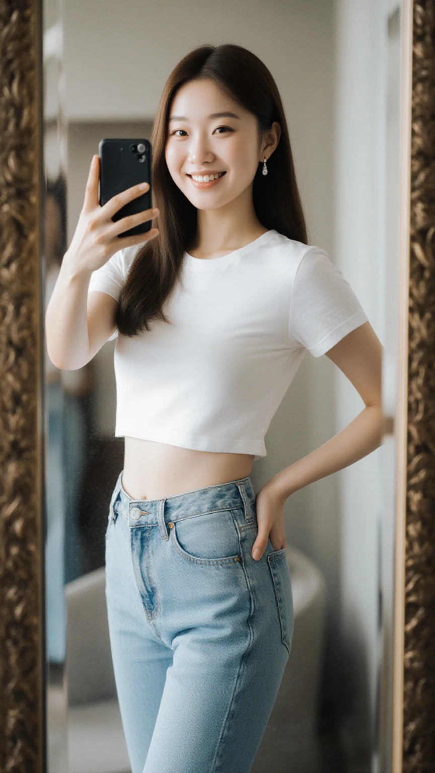 Slim, teen girl, ,  cropped tanktop, loose black baggy pants, pants are falling off