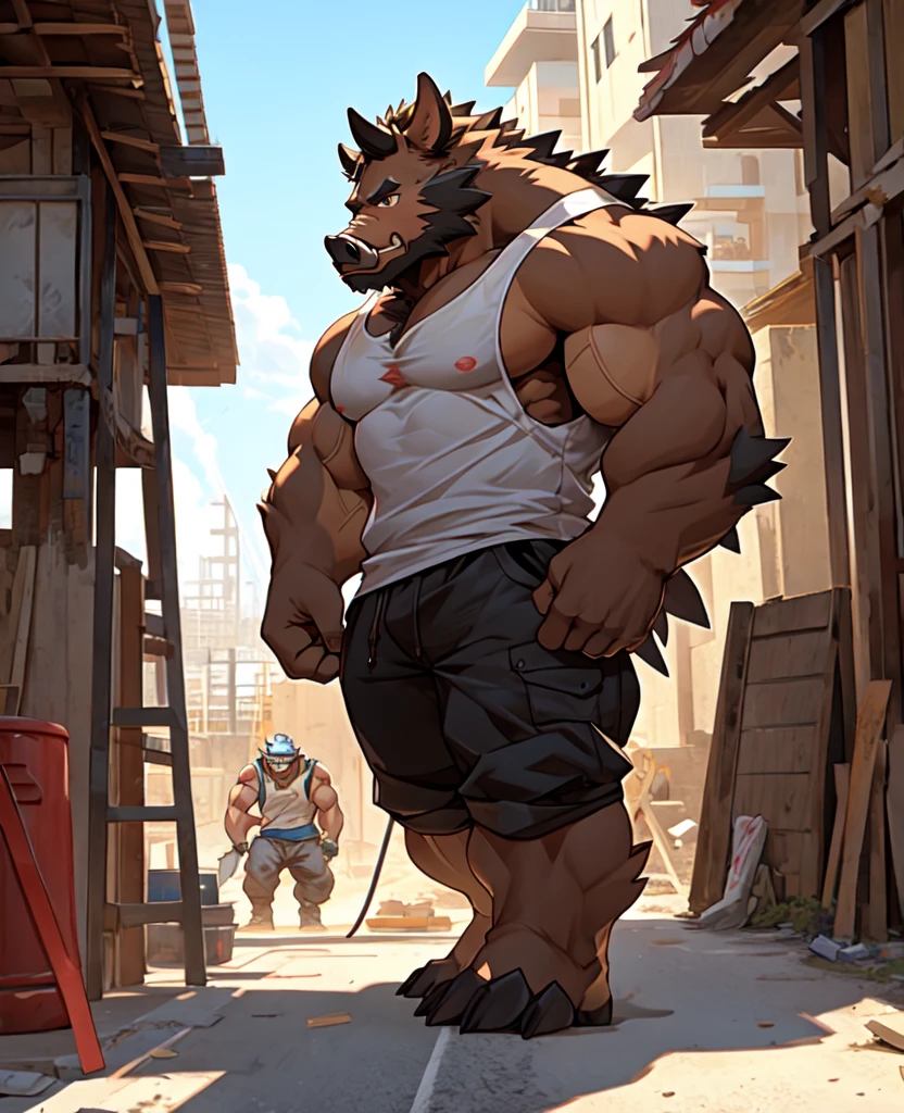 Bara, by Taran Fiddler, muscular male, mature age, middle-aged, kemono, furry male, beefy physique, pecs:1.3, canine, white fur, beard, , red boxers, clothing is slipping off waist (()), pulling up boxers, back facing viewer, to grab something, detailed, detailed face, handsome