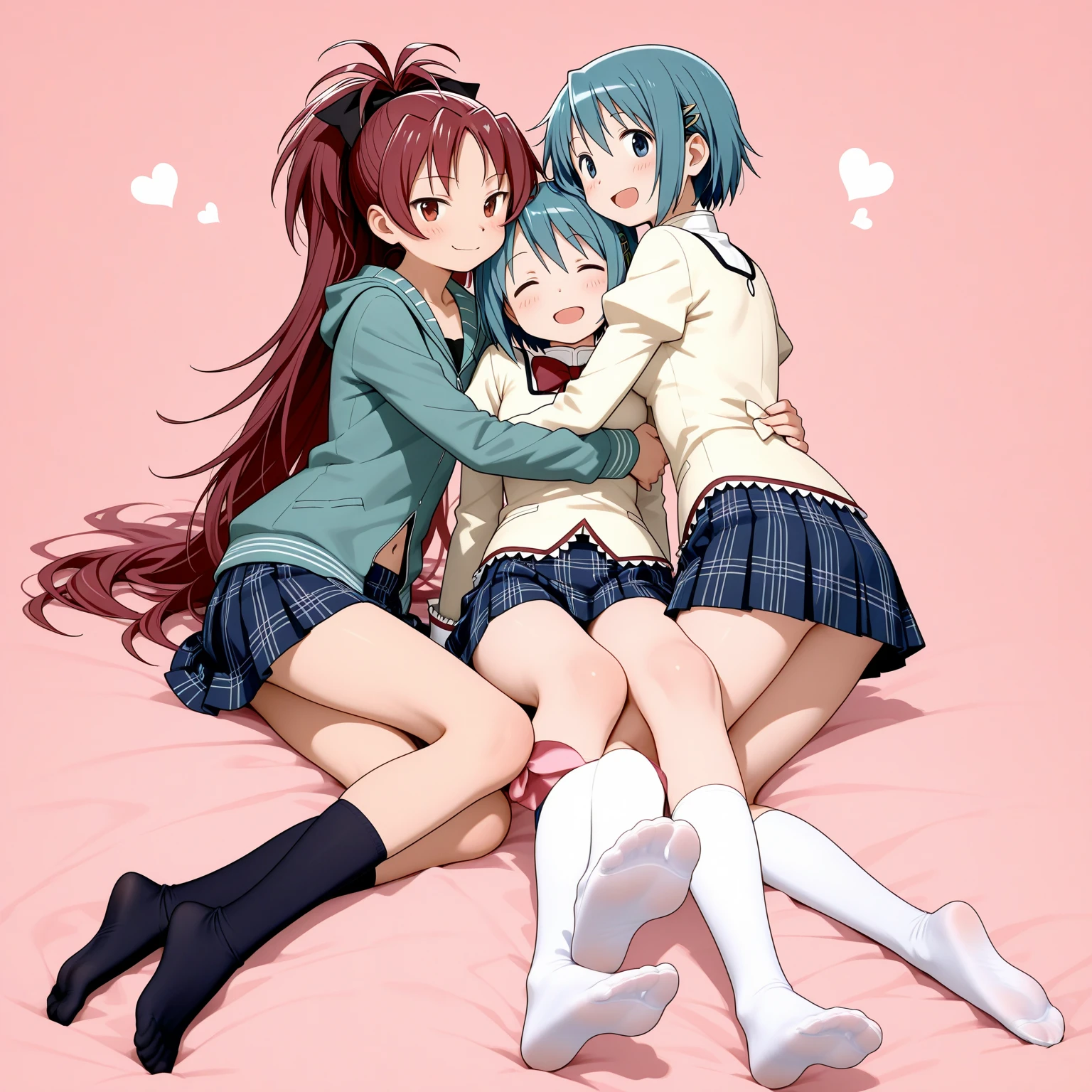 (3girls:1.2),akashi kaoru,nogami aoi,sannomiya shiho 8k, masterpiece, absurdres, anime,(completely :1.2),flat chest,,niplles,shy,blush nose,on bed,lie, in ,crying,