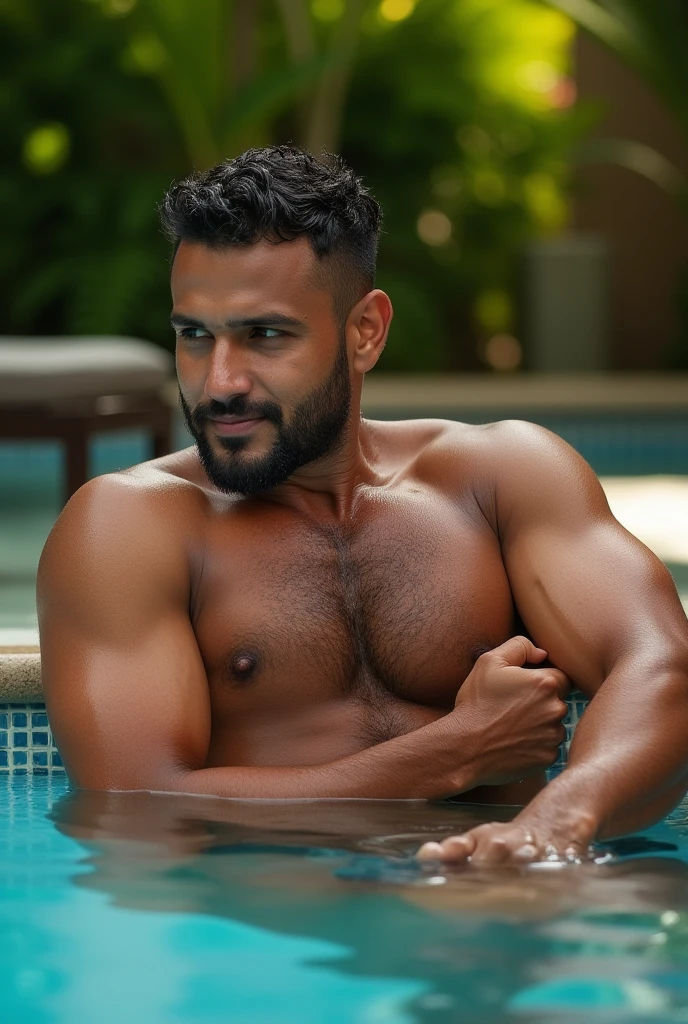 A sexy and fit indian  man with black hair, abbs,handsome face, detailed features, masterpiece posing, , homoerotic,   , beautiful background, masterpiece , ,bookeh, beautiful evening , in a market , angry expression 