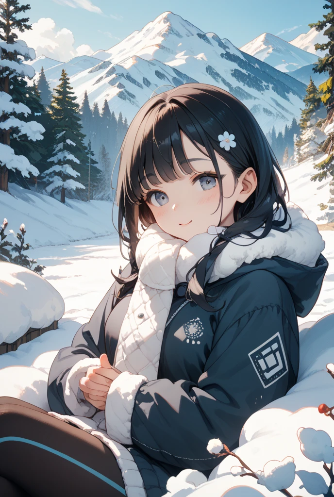 is, Azusa Nakano, Black Hair, (Brown eyes:1.5), Long Hair, ,Twin tails,smile,smile,blush,White Breath,
Open your mouth,snow,Ground bonfire,, Outdoor, boots, snowing, From the side, wood, suitcase, Cape, Blurred, , forest, White handbag, nature,  Squat, Mouth closed, Cape, winter, Written boundary depth, Black shoes, red Cape break looking at viewer, Upper Body, whole body, break Outdoor, forest, nature, break (masterpiece:1.2), Highest quality, High resolution, unity 8k wallpaper, (shape:0.8), (Beautiful and beautiful eyes:1.6), Highly detailed face, Perfect lighting, Extremely detailed CG, (Perfect hands, Perfect ),