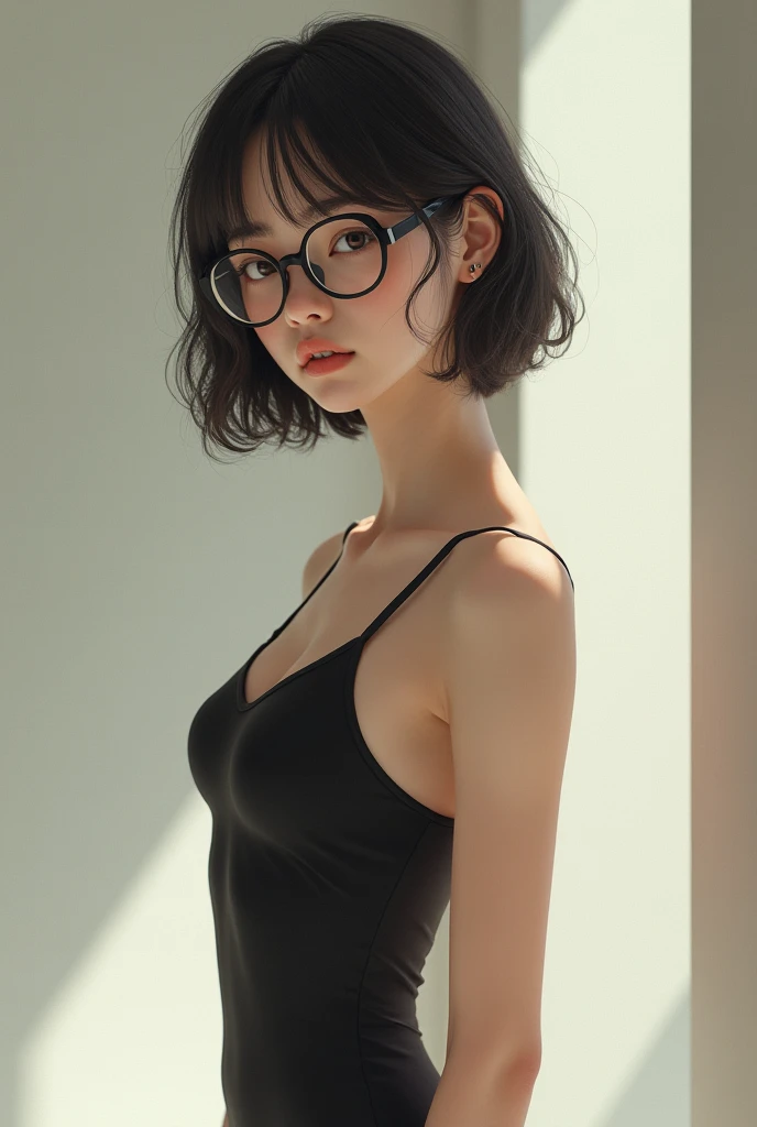 Half body photography of young beautiful lady, very short black hair in black dress turning sideways , wearing eyes glasses, beutiful open ,looking straight to the camera.