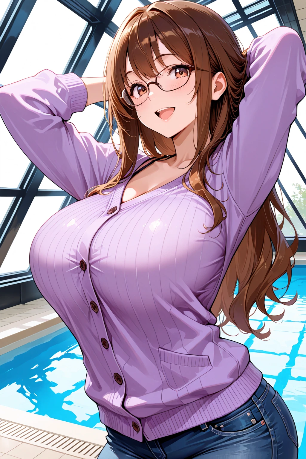 (Very detailed, highest quality, Anatomically perfect body), One girl, Anime Girls, Brown long hair, Brown eyes, Pink Glasses,heart shaped pupils,Sunburned skin, ?????????????,beautiful ???????,pointy ???????,(Big ???),Embarrassed,blue witch,Wisteria flower,(water),(Rub your thighs together:1.3), Leaning forward, (Hold your groin:1.4),The magic that shines in her hands,(Full of ???:1.1),(Urination Desire:1.1), (Urge to urinate:1.3), (Person urinating:1.6), (??????? from ?????:1.6), (An urgent need to go to the toilet:1.2), (bladder full:1.3),(Yellow ???:1.3),(Peeing),(shame), (water),