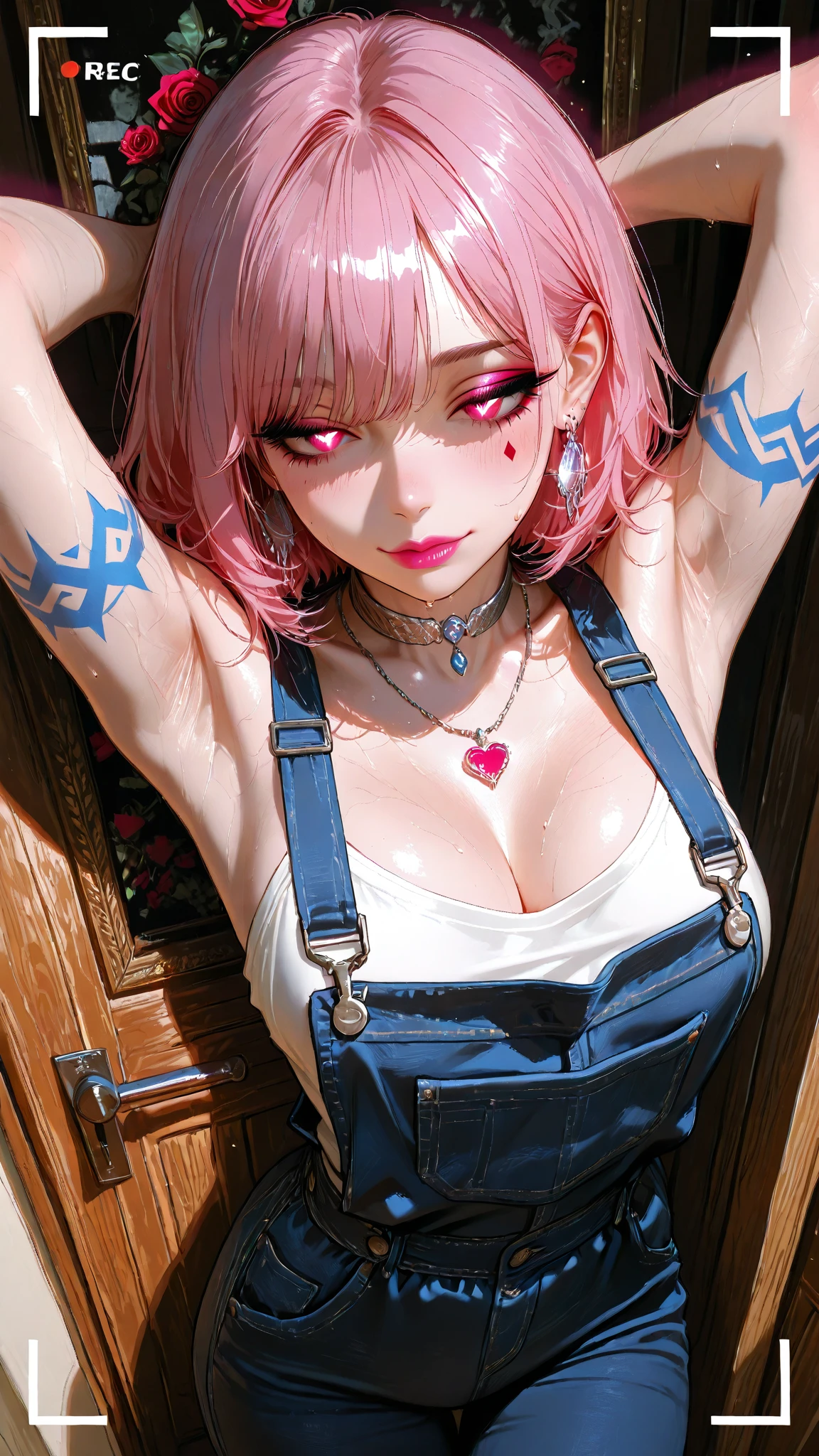 (Random  Pose),(Random Hairstyles),(Best image quality,(8k),Ultra-realistic,最high quality, high quality, High resolution, high quality,Attention to detail,Beautiful details,Fine details,Extremely detailed CG,Detailed Texture,Realistic  expressions,masterpiece,before),See-throughブラ,tight,stockings,Pink Hair, Shorts, (((Tight waist))), ((Big Breasts)),(See-through),(((He has many tattoos all over his body)),