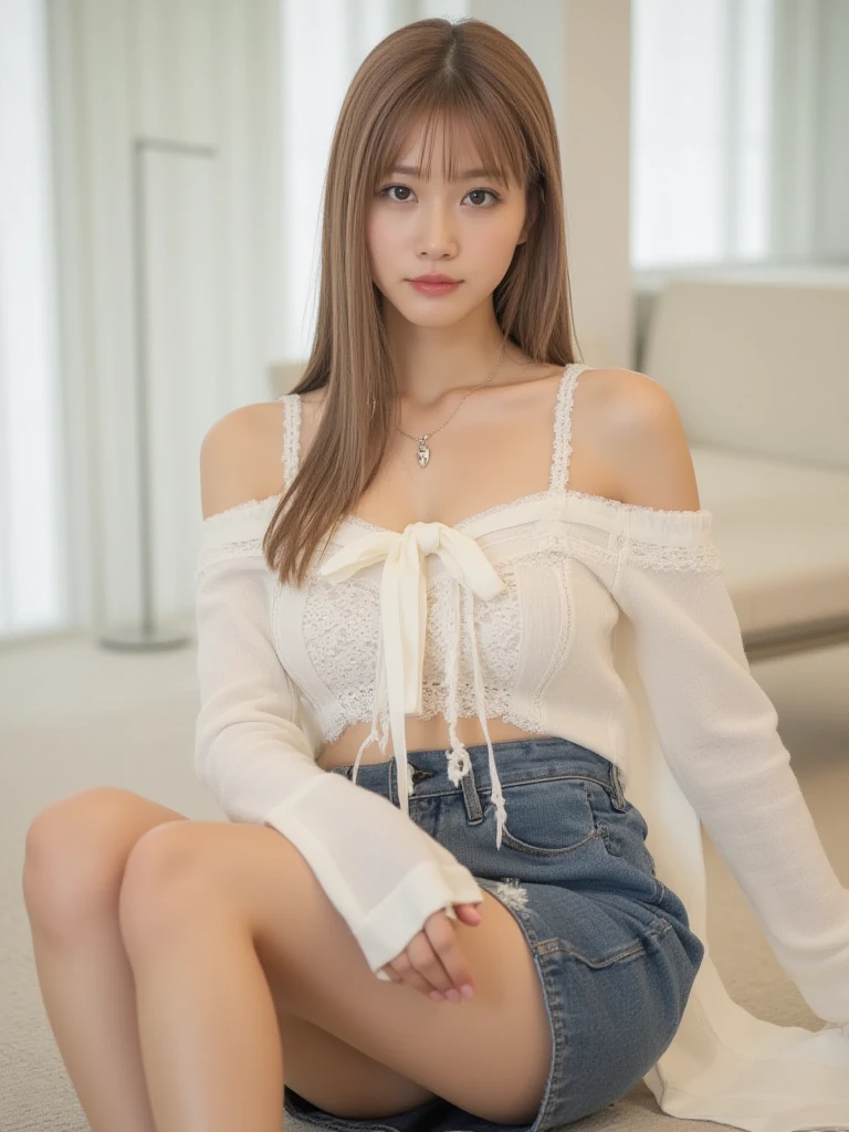 1 girl(Very detailed image quality)極realistic skin texture、extremely detailed face(butt length hair、very long curly hair、Beautiful moist and manageable hair、smooth hair)((bright smile))、stare(sexyな15歳の女の子、small face、extremely beautiful face、natural makeup)(fair skin)(Glitter eyes)smooth skin、realistic skin texture ((interior old western building、古いfloor、Table Set、large round rug))(((thin white shirt with buttons、sleeveless、unbuttoned、open the front、The chest looks bold)))((Knee-high socks))((Gingham Check、very short shorts、open in front、I can see your )))) (( pose))Extremely beautiful armpits、round beautiful breasts、beautiful cleavage、thin waist、constriction:1.2 、big ass、Movie Writing、reflex board、face light、Extremely stimulating and sensual pose、sexy、raise your arms((((floor、floorに寝る:1))))((messy hair,Visible up to the ankles))(((full body shot from above)))