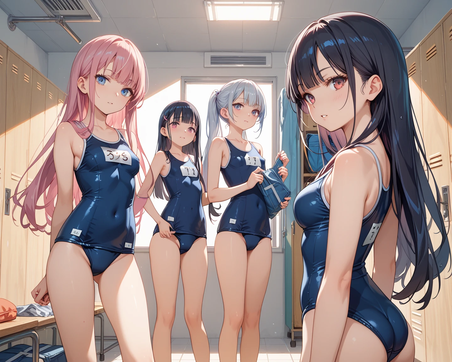 (master piece, high quality), multiple girls, small, 14-year-old schoolgirl, slim, flat ?????, Gym locker room, (white panties), white t-shirt, (group selfie), wide angle, soft light