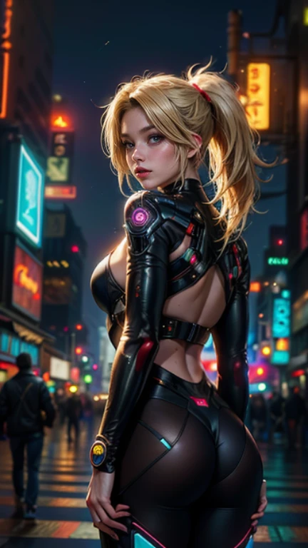 masterpiece, best quality, 1girl, AliciaViewstream,blonde hair, long hair, , , thigh boots, curvy, large breasts, thighs,  slip, cyberpunk city, night,neon signs,  clothes, , dynamic pose,