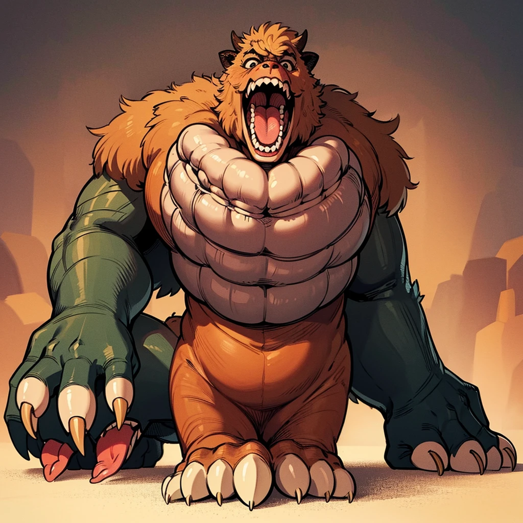 A photorealistic image of the Beast from the movie Beauty and the Beast, super muscular giant, with muscular arms, broad shoulders, giant and toned physique, bursting muscular veins, blue eyes, tail, super furry brown fur, backward facing horns, with veins jumping, barefoot, super giant in the center of a city