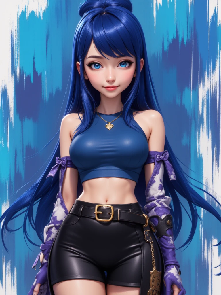  (masterpiece:1.3), (Best Quality:1.3), (Ultra-detailed:1.2), ((kawaii)), Cute, (lovely), ((sexy)), ((Extremely detailed)), 4K, (8K), Best Quality, (Beautiful), Illustration, anime style, (bold line:1.2), Gradation, looking at viewer, //, (bent down:1.1), (arms behind back), //, a cute girl, 1girl, (solo:1.2), gleaming skin, //, (flat chested), (Perfect eyes:1.2), (Perfect iris:1.2), //, darkblue hair color, (beautiful eyes) //, (half closed eyes:1.3), ( expression:1.2), Fascinated expression, smile, (blush:1.2), //, modern city background, on rock, twin tails, straight bangs, muscle girl, hard abs,  abs, NECKLACE, skirt, heavy armor suit, mecha musume, underboobs